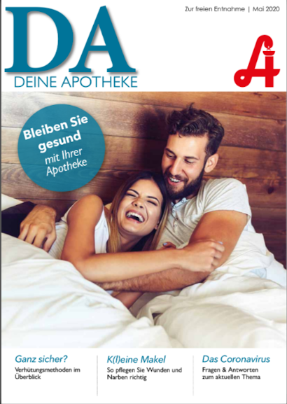 Eine junge Frau in einer blauen Jacke joggt im Freien mit einem gelben Labrador Retriever an der Leine; beide wirken aktiv und glücklich. Das Bild wurde in der Nähe der Laurentius Apotheke Imst / Pitztal Apotheke aufgenommen.