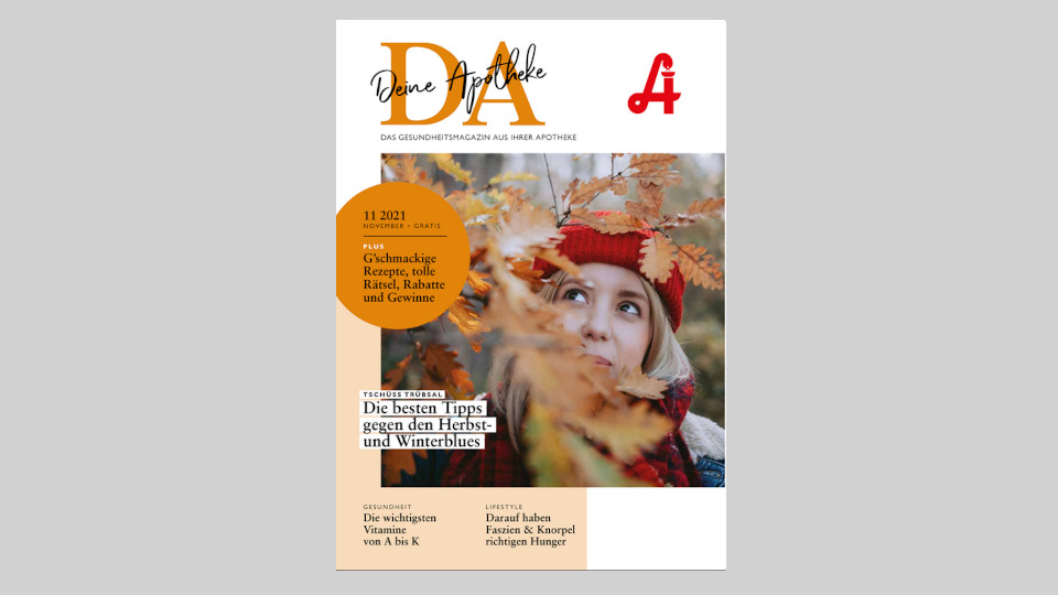 Eine Frau mit rotem Hut vor Herbstlaub, Magazin: Gesundheitstipps; Apotheke Laurentius/Arzl im Pitztal.