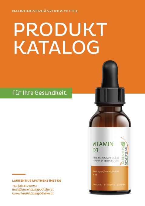 Produktkatalog-Titelbild: braune „Vitamin D3“-Flasche, Kontakt: Laurentius Apotheke Imst / Arzl im Pitztal.